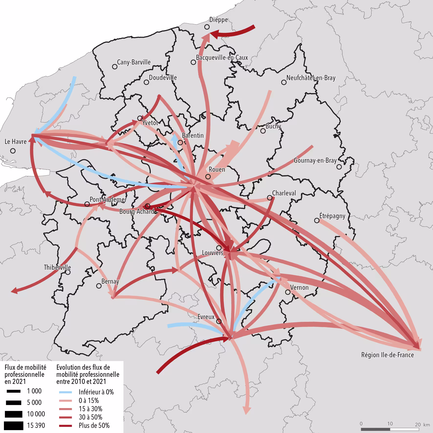 Flux de déplacements domicile-travail entre EPCI en 2021 et évolution entre 2010 et 2021