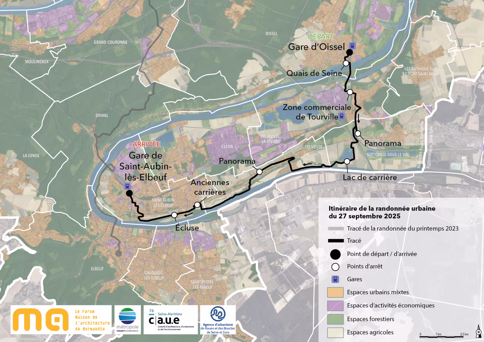 Carte de l'itinéraire de la randonnée métropolitaine entre Oissel et Saint-Aubin-lès-Elbeuf